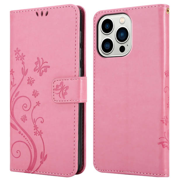 Cadorabo Hoesje geschikt voor Apple iPhone 14 PRO MAX in BLOEMEN ROZE - Beschermhoes Case Cover Bloemen magnetische