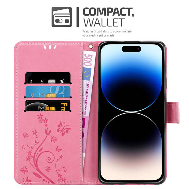 Cadorabo Hoesje geschikt voor Apple iPhone 14 PRO in BLOEMEN ROZE - Beschermhoes Case Cover Bloemen magnetische sluiting