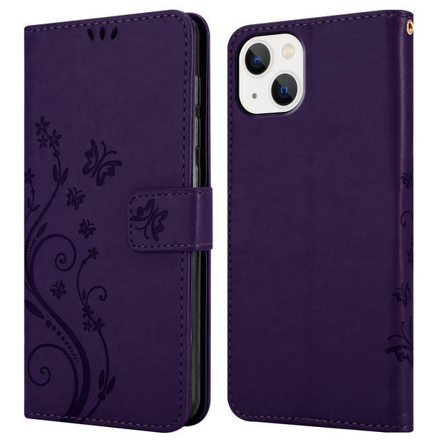 Cadorabo Hoesje geschikt voor Apple iPhone 14 PLUS in BLOEMEN DONKER PAARS - Beschermhoes Case Cover Bloemen magnetische