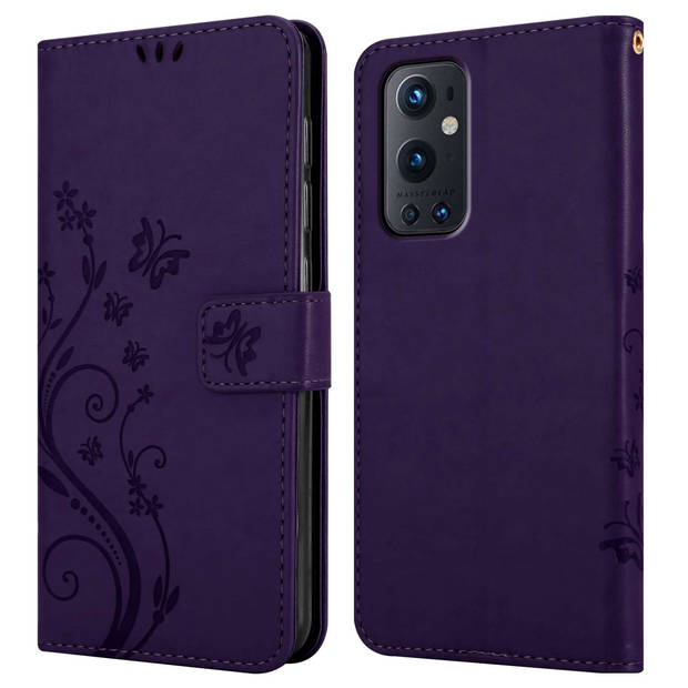 Cadorabo Hoesje geschikt voor OnePlus 9 PRO in BLOEMEN DONKER PAARS - Beschermhoes Case Cover Bloemen magnetische