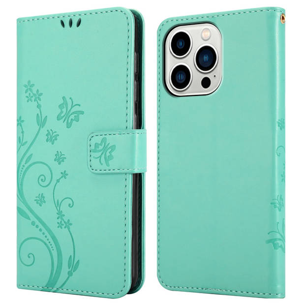 Cadorabo Hoesje geschikt voor Apple iPhone 14 PRO in BLOEMEN TURKOOIS - Beschermhoes Case Cover Bloemen magnetische