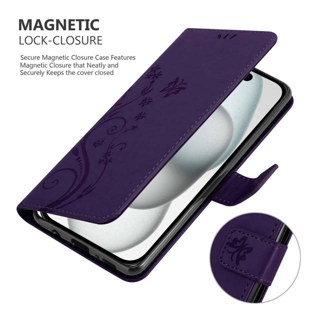 Cadorabo Hoesje geschikt voor Apple iPhone 15 PLUS in BLOEMEN DONKER PAARS - Beschermhoes Case Cover Bloemen magnetische