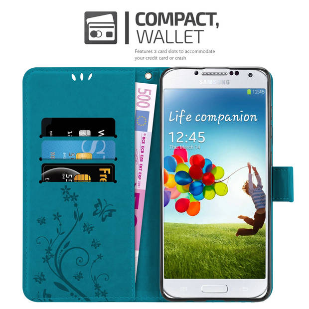 Cadorabo Hoesje geschikt voor Samsung Galaxy S4 in BLOEMEN BLAUW - Beschermhoes Case Cover Bloemen magnetische sluiting