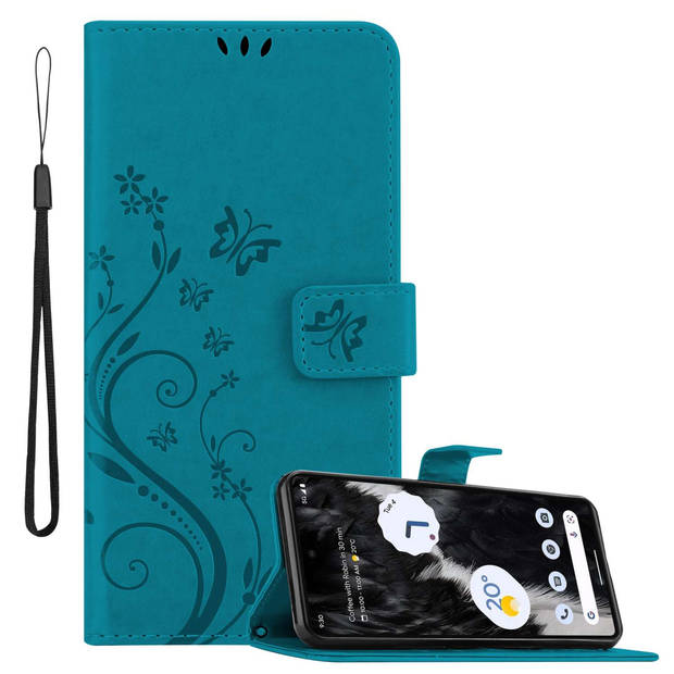 Cadorabo Hoesje geschikt voor Google PIXEL 7 in BLOEMEN BLAUW - Beschermhoes Case Cover Bloemen magnetische sluiting