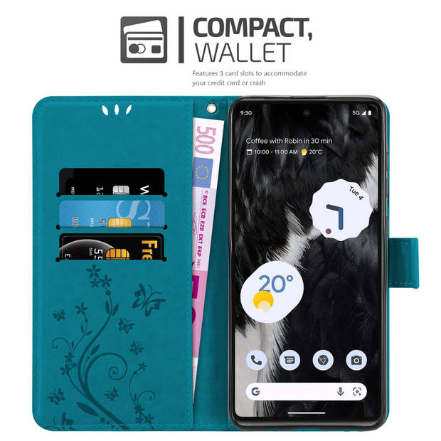 Cadorabo Hoesje geschikt voor Google PIXEL 7 in BLOEMEN BLAUW - Beschermhoes Case Cover Bloemen magnetische sluiting