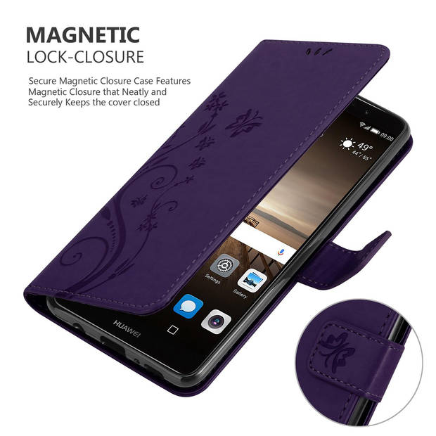 Cadorabo Hoesje geschikt voor Huawei MATE 9 in BLOEMEN DONKER PAARS - Beschermhoes Case Cover Bloemen magnetische