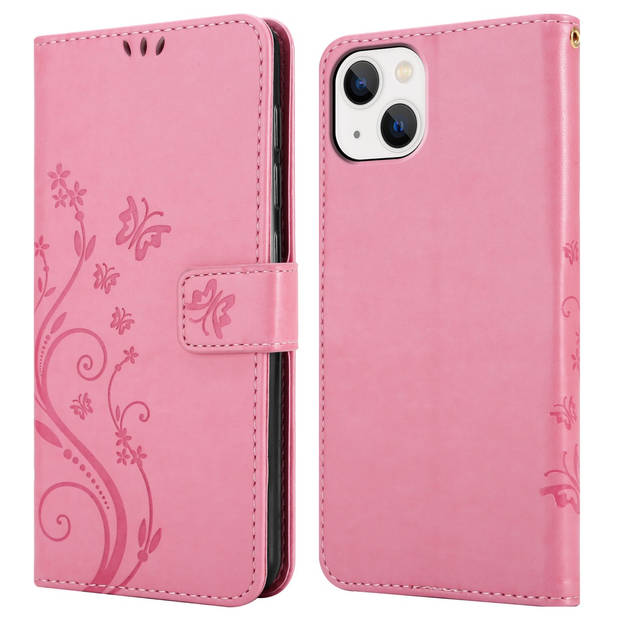 Cadorabo Hoesje geschikt voor Apple iPhone 14 in BLOEMEN ROZE - Beschermhoes Case Cover Bloemen magnetische sluiting