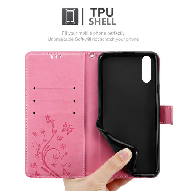 Cadorabo Hoesje geschikt voor Huawei P20 in BLOEMEN ROZE - Beschermhoes Case Cover Bloemen magnetische sluiting