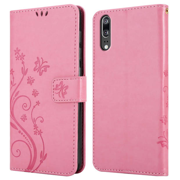 Cadorabo Hoesje geschikt voor Huawei P20 in BLOEMEN ROZE - Beschermhoes Case Cover Bloemen magnetische sluiting