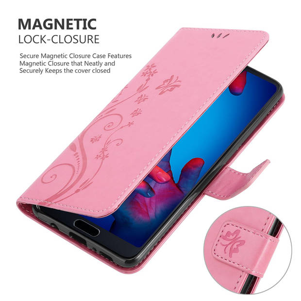 Cadorabo Hoesje geschikt voor Huawei P20 in BLOEMEN ROZE - Beschermhoes Case Cover Bloemen magnetische sluiting