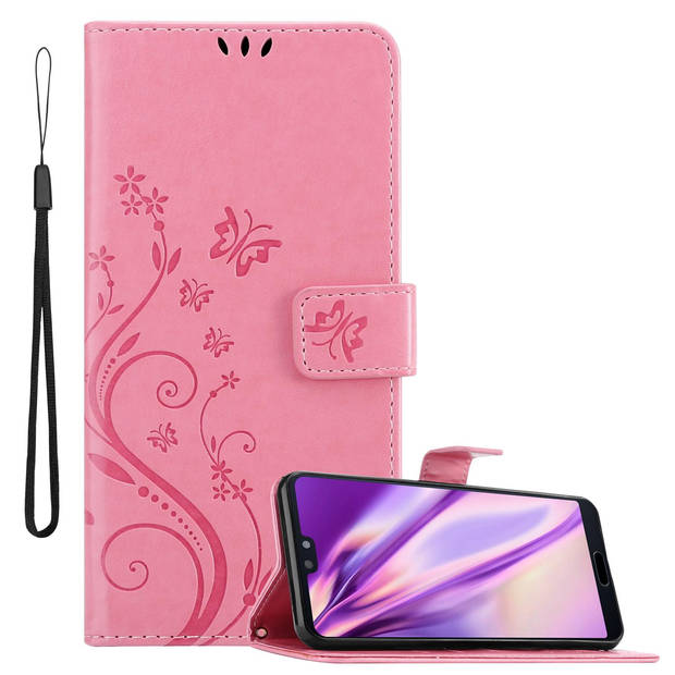 Cadorabo Hoesje geschikt voor Huawei P20 in BLOEMEN ROZE - Beschermhoes Case Cover Bloemen magnetische sluiting