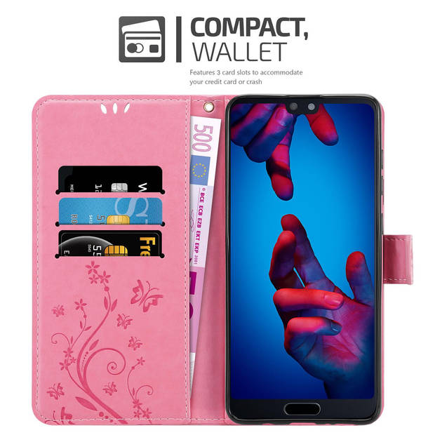 Cadorabo Hoesje geschikt voor Huawei P20 in BLOEMEN ROZE - Beschermhoes Case Cover Bloemen magnetische sluiting