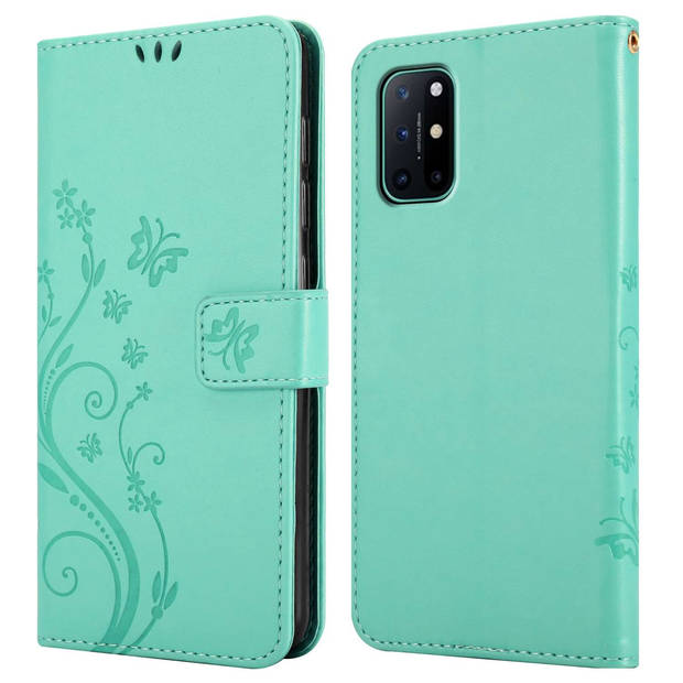 Cadorabo Hoesje geschikt voor OnePlus 8T in Turkoois - Beschermhoes Case Cover Bloemen magnetische sluiting