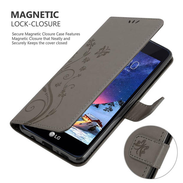 Cadorabo Hoesje geschikt voor LG K8 2017 in BLOEMEN GRIJS - Beschermhoes Case Cover Bloemen magnetische sluiting