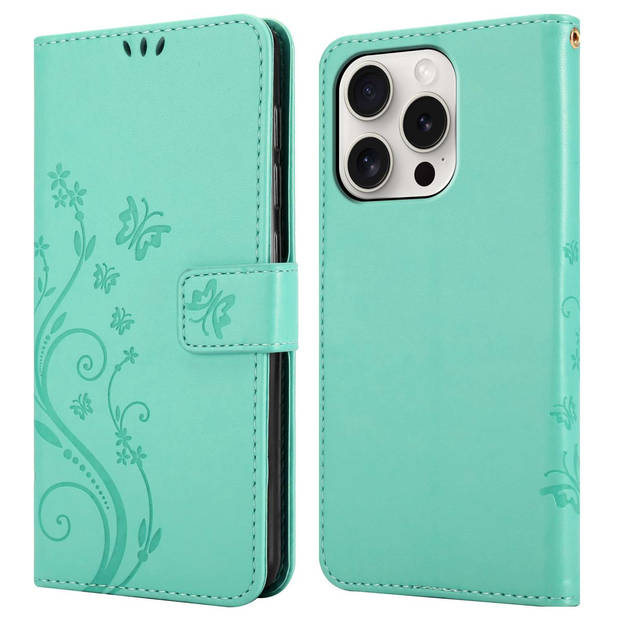 Cadorabo Hoesje geschikt voor Apple iPhone 15 PRO in BLOEMEN TURKOOIS - Beschermhoes Case Cover Bloemen magnetische