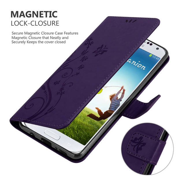Cadorabo Hoesje geschikt voor Samsung Galaxy S4 in BLOEMEN DONKER PAARS - Beschermhoes Case Cover Bloemen magnetische