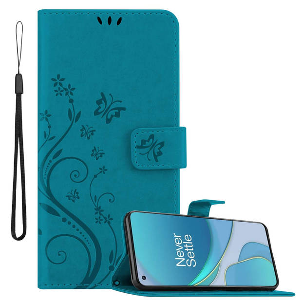 Cadorabo Hoesje geschikt voor OnePlus 8T in Blauw - Beschermhoes Case Cover Bloemen magnetische sluiting