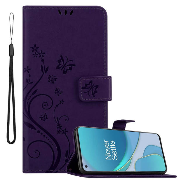 Cadorabo Hoesje geschikt voor OnePlus 8T in Paars - Beschermhoes Case Cover Bloemen magnetische sluiting