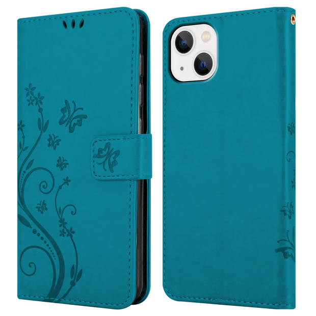 Cadorabo Hoesje geschikt voor Apple iPhone 14 PLUS in BLOEMEN BLAUW - Beschermhoes Case Cover Bloemen magnetische