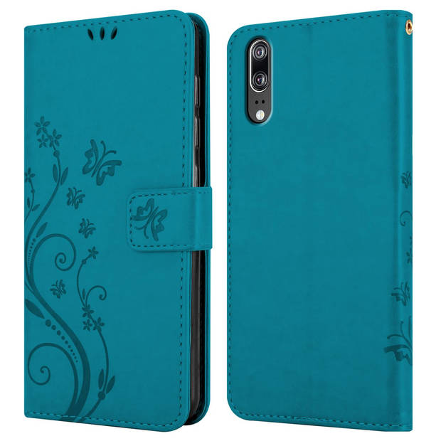 Cadorabo Hoesje geschikt voor Huawei P20 in BLOEMEN BLAUW - Beschermhoes Case Cover Bloemen magnetische sluiting