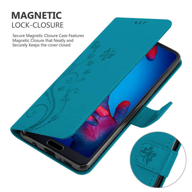 Cadorabo Hoesje geschikt voor Huawei P20 in BLOEMEN BLAUW - Beschermhoes Case Cover Bloemen magnetische sluiting