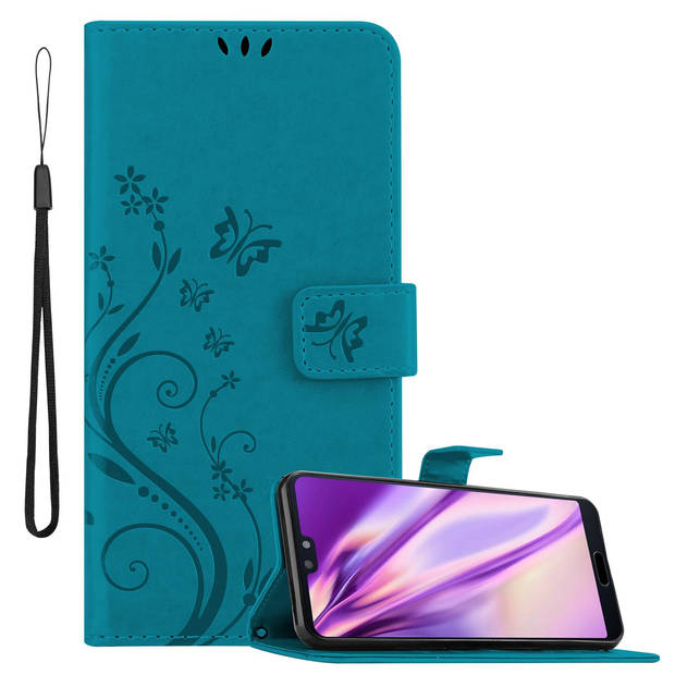 Cadorabo Hoesje geschikt voor Huawei P20 in BLOEMEN BLAUW - Beschermhoes Case Cover Bloemen magnetische sluiting