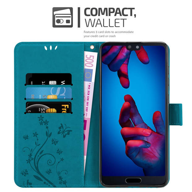 Cadorabo Hoesje geschikt voor Huawei P20 in BLOEMEN BLAUW - Beschermhoes Case Cover Bloemen magnetische sluiting