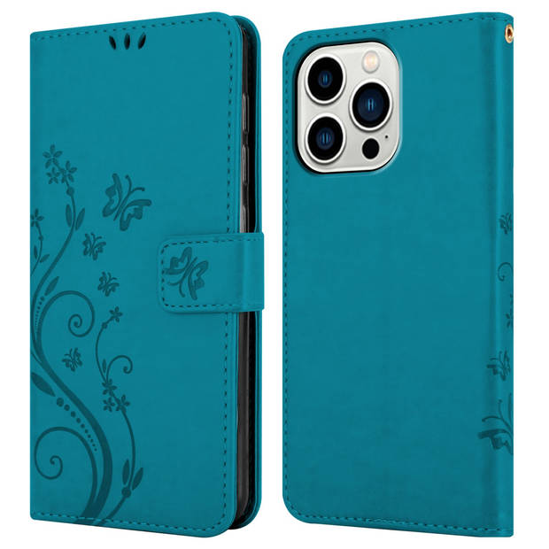 Cadorabo Hoesje geschikt voor Apple iPhone 14 PRO MAX in BLOEMEN BLAUW - Beschermhoes Case Cover Bloemen magnetische