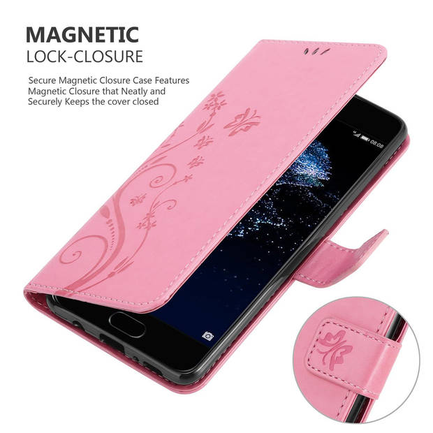 Cadorabo Hoesje geschikt voor Huawei P10 in BLOEMEN ROZE - Beschermhoes Case Cover Bloemen magnetische sluiting