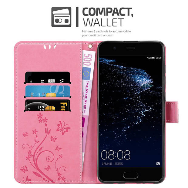 Cadorabo Hoesje geschikt voor Huawei P10 PLUS in BLOEMEN ROZE - Beschermhoes Case Cover Bloemen magnetische sluiting