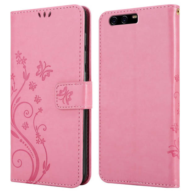 Cadorabo Hoesje geschikt voor Huawei P10 in BLOEMEN ROZE - Beschermhoes Case Cover Bloemen magnetische sluiting