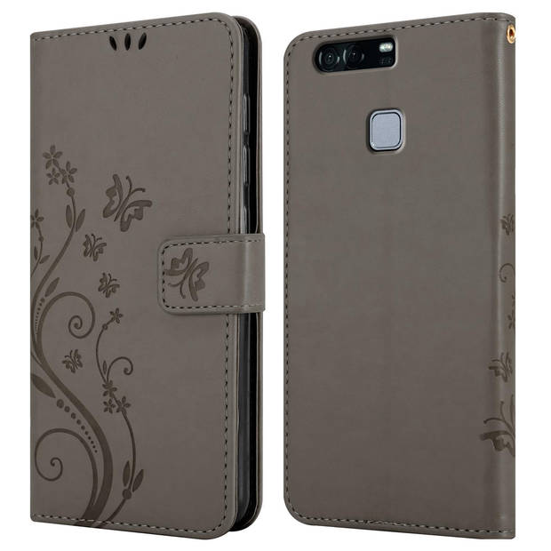 Cadorabo Hoesje geschikt voor Huawei P9 in BLOEMEN GRIJS - Beschermhoes Case Cover Bloemen magnetische sluiting