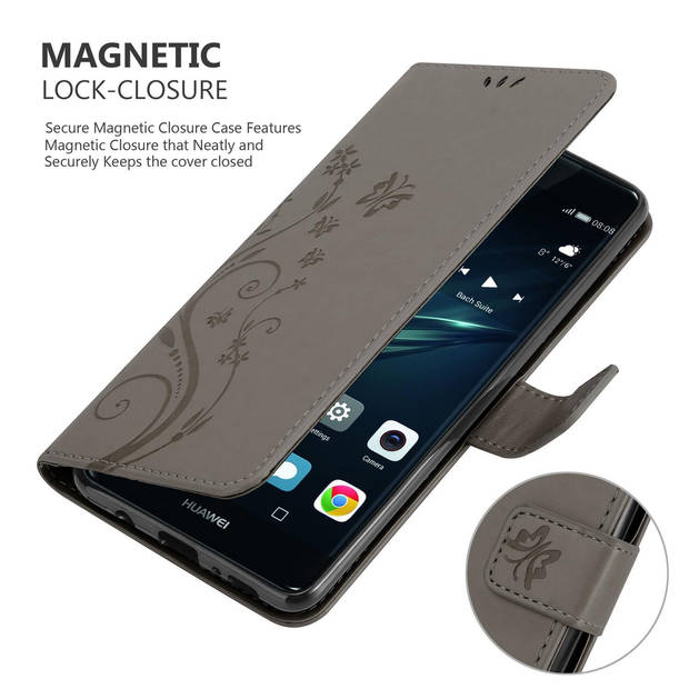 Cadorabo Hoesje geschikt voor Huawei P9 PLUS in BLOEMEN GRIJS - Beschermhoes Case Cover Bloemen magnetische sluiting