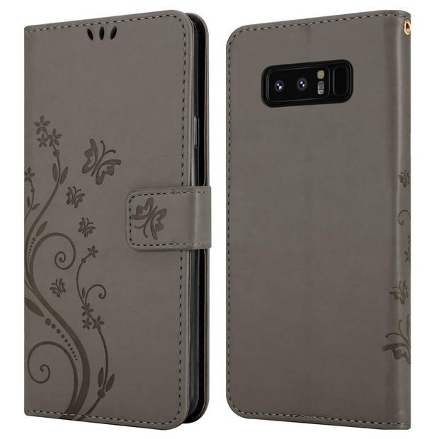 Cadorabo Hoesje geschikt voor Samsung Galaxy NOTE 8 in BLOEMEN GRIJS - Beschermhoes Case Cover Bloemen magnetische