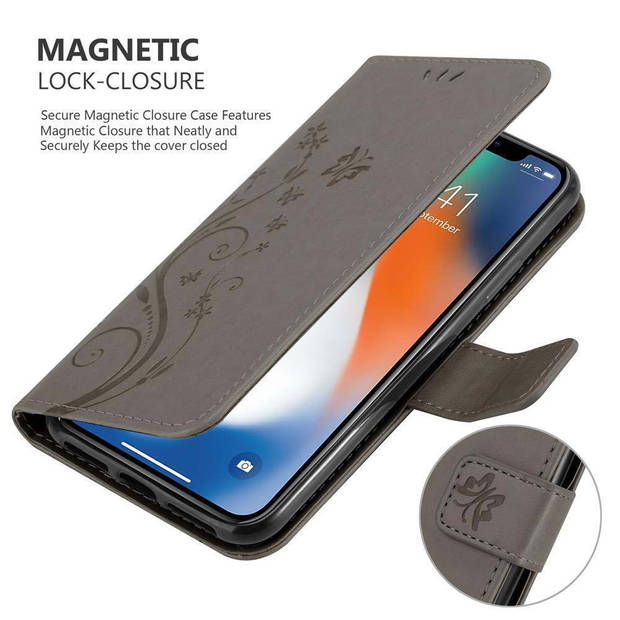 Cadorabo Hoesje geschikt voor Apple iPhone X / XS in BLOEMEN GRIJS - Beschermhoes Case Cover Bloemen magnetische