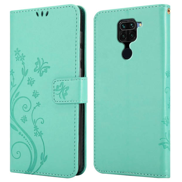 Cadorabo Hoesje geschikt voor Xiaomi RedMi NOTE 9 in BLOEMEN TURKOOIS - Beschermhoes Case Cover Bloemen magnetische