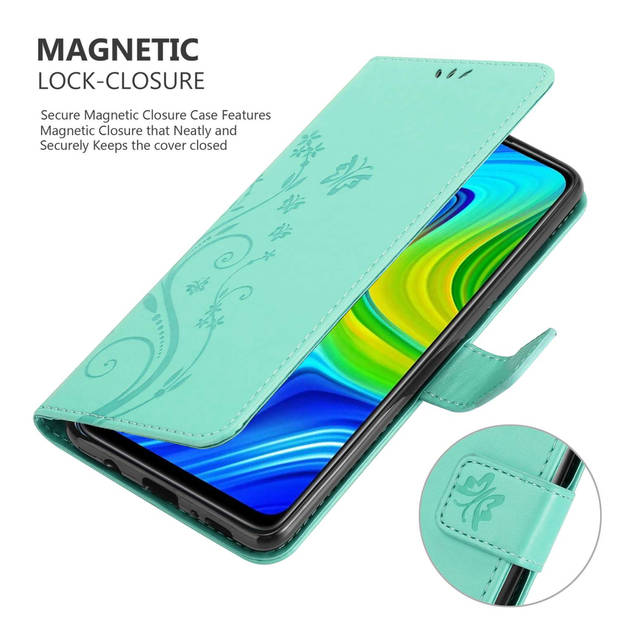 Cadorabo Hoesje geschikt voor Xiaomi RedMi NOTE 9 in BLOEMEN TURKOOIS - Beschermhoes Case Cover Bloemen magnetische