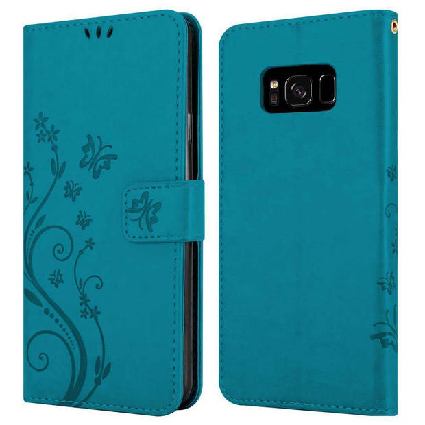 Cadorabo Hoesje geschikt voor Samsung Galaxy S8 in BLOEMEN BLAUW - Beschermhoes Case Cover Bloemen magnetische sluiting