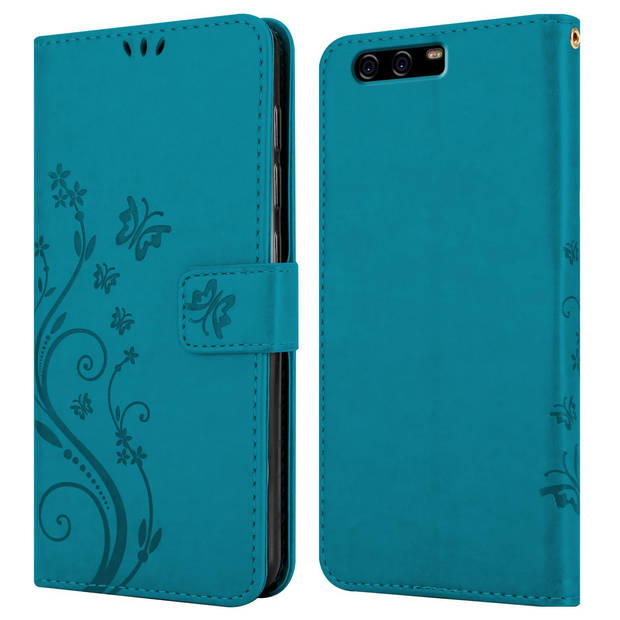 Cadorabo Hoesje geschikt voor Huawei P10 PLUS in BLOEMEN BLAUW - Beschermhoes Case Cover Bloemen magnetische sluiting