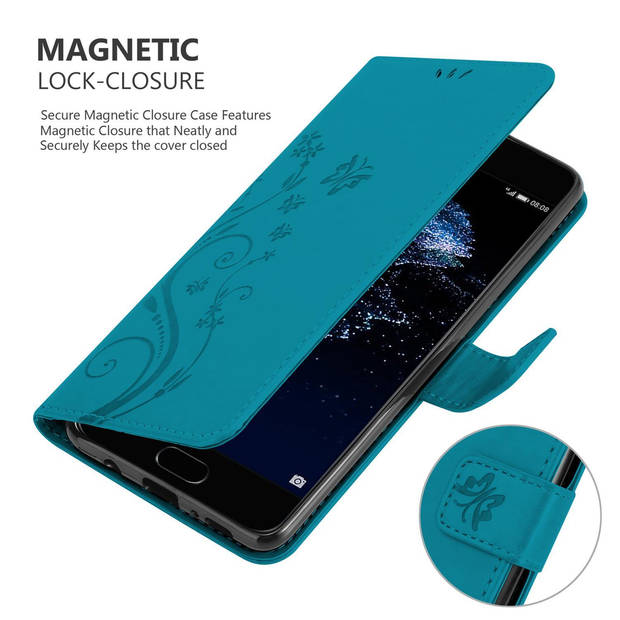 Cadorabo Hoesje geschikt voor Huawei P10 in BLOEMEN BLAUW - Beschermhoes Case Cover Bloemen magnetische sluiting