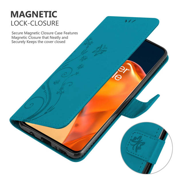 Cadorabo Hoesje geschikt voor OnePlus 9 PRO in BLOEMEN BLAUW - Beschermhoes Case Cover Bloemen magnetische sluiting