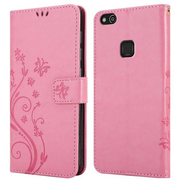 Cadorabo Hoesje geschikt voor Huawei P10 LITE in BLOEMEN ROZE - Beschermhoes Case Cover Bloemen magnetische sluiting