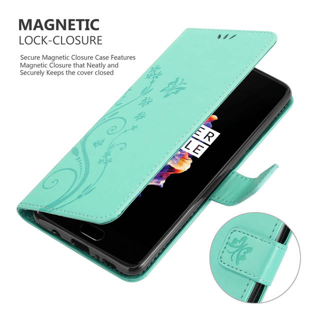 Cadorabo Hoesje geschikt voor OnePlus 5 in BLOEMEN TURKOOIS - Beschermhoes Case Cover Bloemen magnetische sluiting