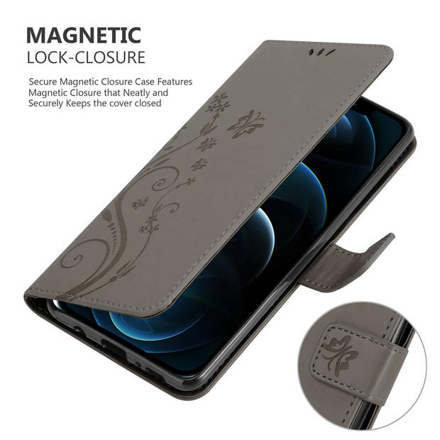 Cadorabo Hoesje geschikt voor Apple iPhone 13 in BLOEMEN GRIJS - Beschermhoes Case Cover Bloemen magnetische sluiting