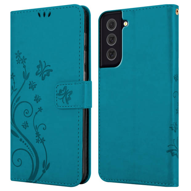 Cadorabo Hoesje geschikt voor Samsung Galaxy S22 PLUS in BLOEMEN BLAUW - Beschermhoes Case Cover Bloemen magnetische