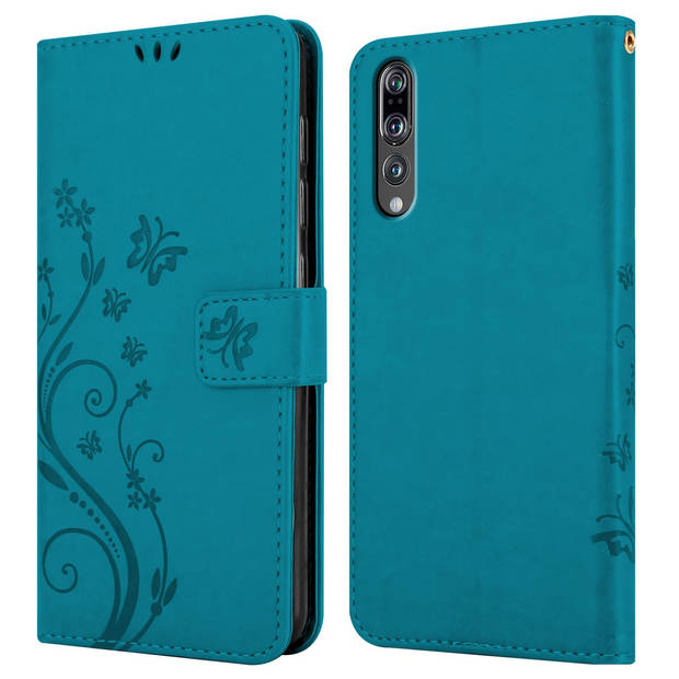 Cadorabo Hoesje geschikt voor Huawei P20 PRO / P20 PLUS in BLOEMEN BLAUW - Beschermhoes Case Cover Bloemen magnetische