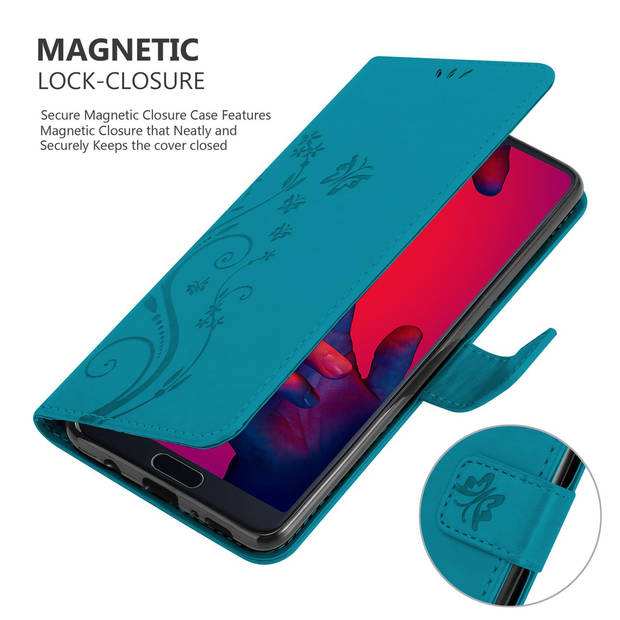 Cadorabo Hoesje geschikt voor Huawei P20 PRO / P20 PLUS in BLOEMEN BLAUW - Beschermhoes Case Cover Bloemen magnetische