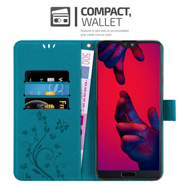 Cadorabo Hoesje geschikt voor Huawei P20 PRO / P20 PLUS in BLOEMEN BLAUW - Beschermhoes Case Cover Bloemen magnetische