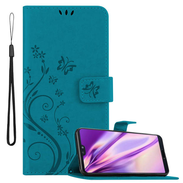 Cadorabo Hoesje geschikt voor Huawei P20 PRO / P20 PLUS in BLOEMEN BLAUW - Beschermhoes Case Cover Bloemen magnetische