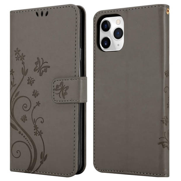 Cadorabo Hoesje geschikt voor Apple iPhone 11 PRO MAX in BLOEMEN GRIJS - Beschermhoes Case Cover Bloemen magnetische